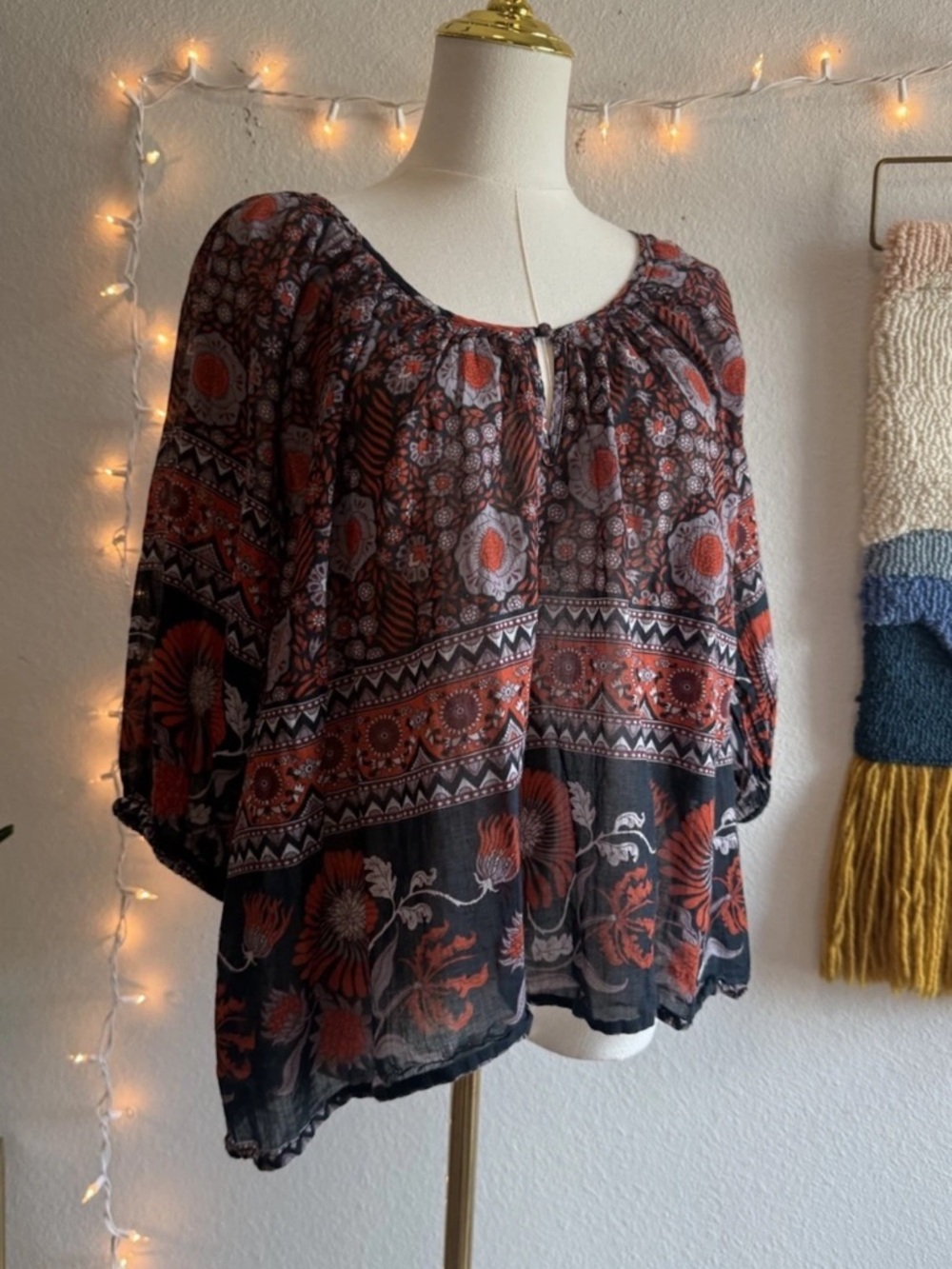Joie Floral Peasant Top Boho Festival Tie Neck Puff Sleeve Red Black M